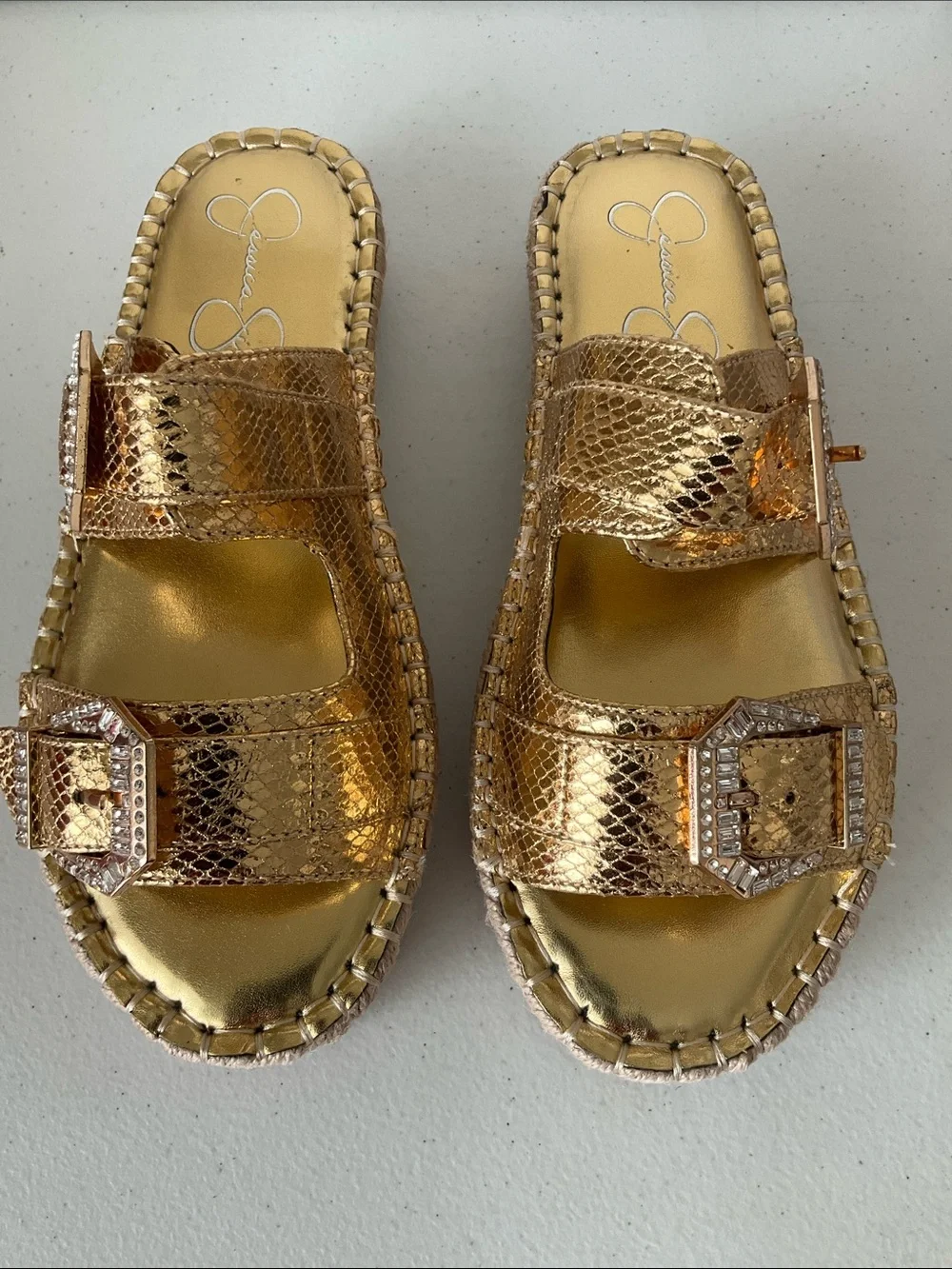 Jessica Simpson Chandria Metallic Silver Snakeskin Buckle Slide Sandals (NWOT)